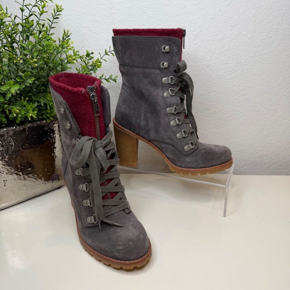 UGG Fabrice Lace Up Boots Grey Suede Red Wool Lining Fold Over Gorpcore 6.5